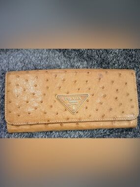 Authentic Prada Camel Ostrich-Texture Leather Continental Wallet